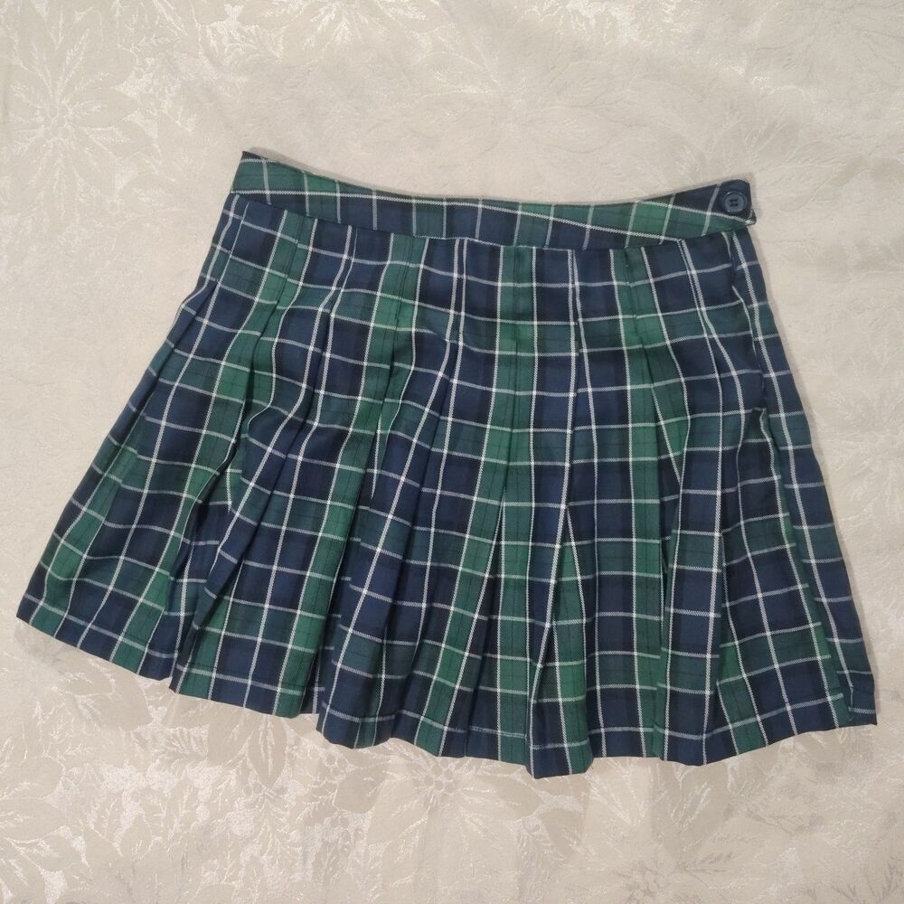 Faded Rose Plaid Pleated Mini Skirt  Green Blue Uniform Schoolgirl Size L Junior